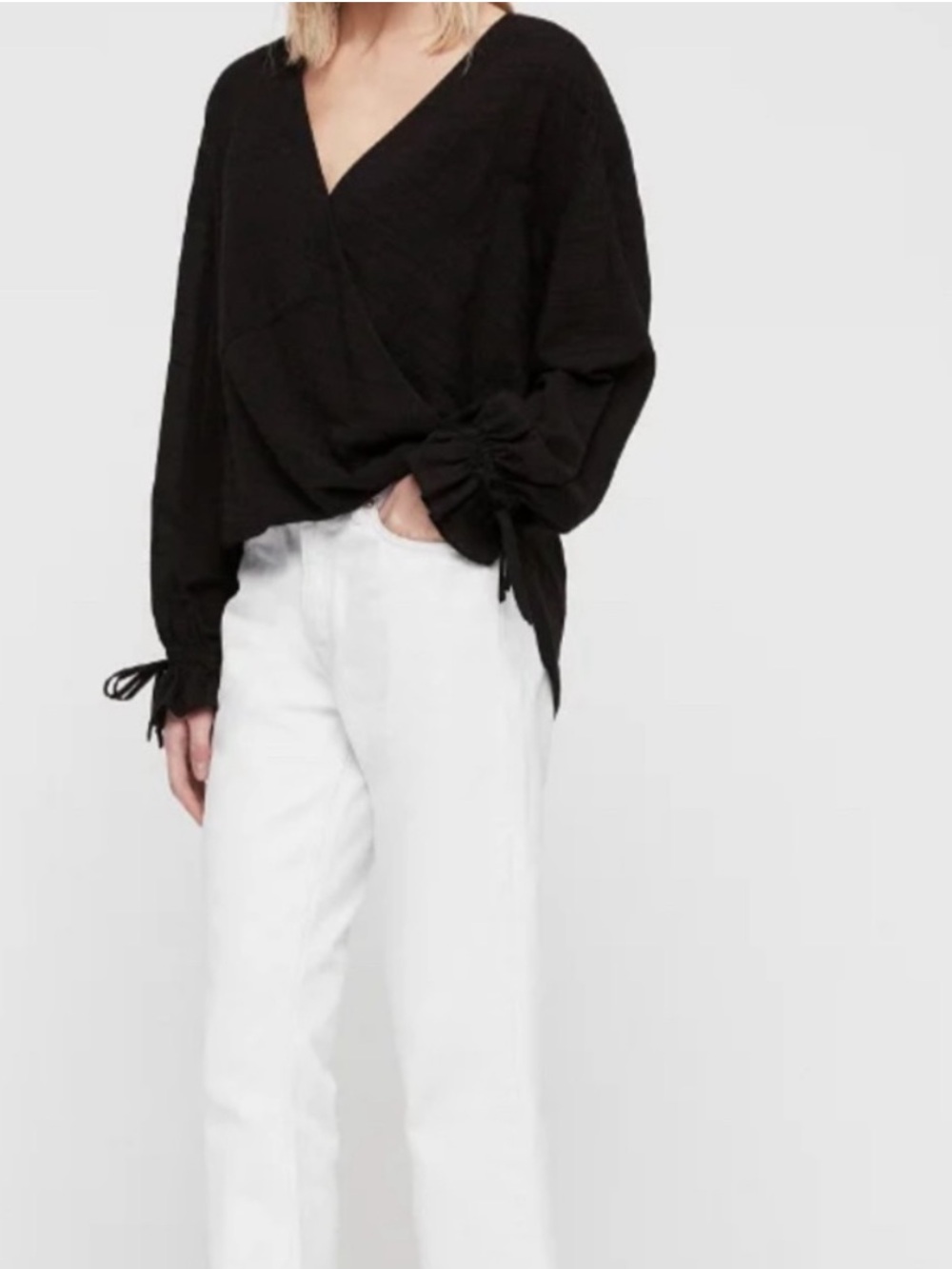 All Saints Penny Top Black Gauze Cotton Lightweight Long Sleeve Wrist Tie medium